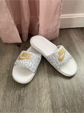 Nike White Slides with Light Blue Leopard Strap and Gold Swoosh